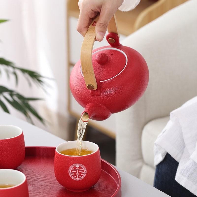 Chinese Wedding Tea Set, Double Happiness Wedding Tea Ceremony Set, Oriental Wedding Tea Set - 1 Teapot, 6 Cups and 1 Tray in Gift Box