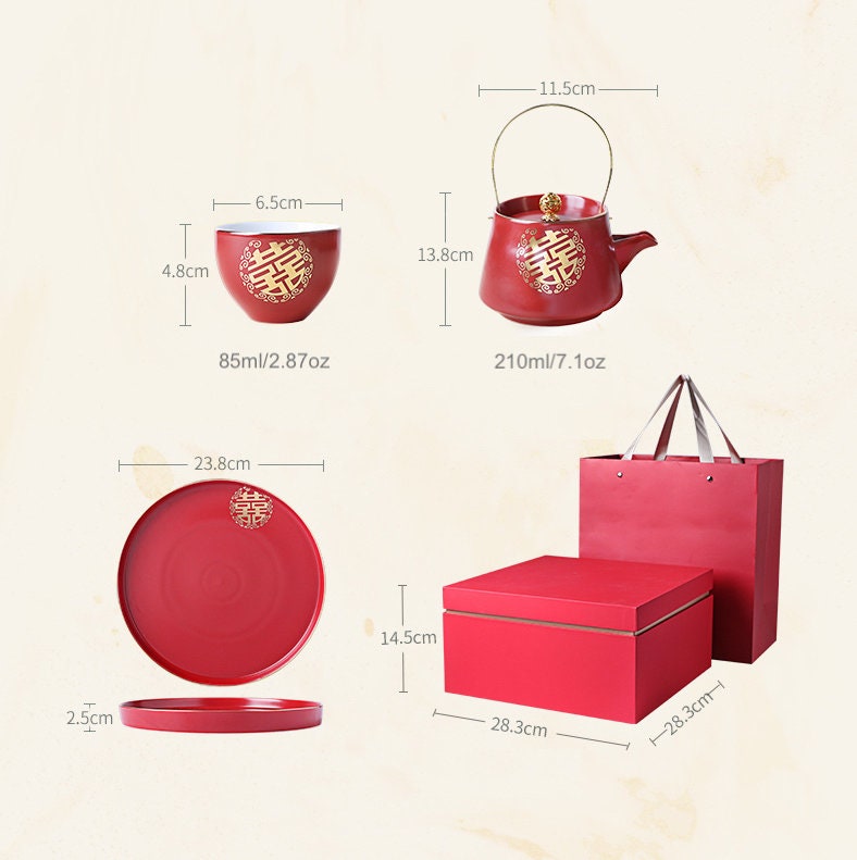 Wedding Tea Ceremony Set, Double Happiness Wedding Teapot Set, Chinese Teapot Set with 1 Teapot, 6 Cups and 1 Tray, Wedding Tea Cups