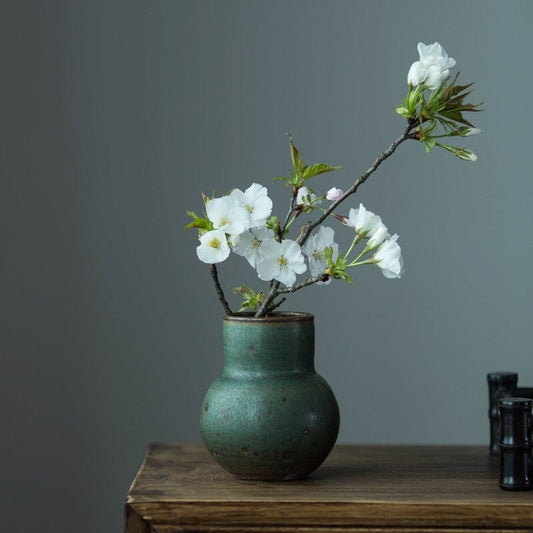Retro Dark Green Ceramic Vase For Flowers, Hand Thrown Flower Vase, Ceramic Small Vase for Kungfu Tea Table Decor, Home Decor Vase