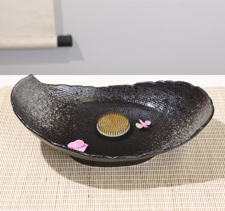 Large Ceramic Ikebana/ Willow Leaf Style Ikebana Container / Japanese Floral Arrangement Bowl / Housewarming gift, flower frog Included