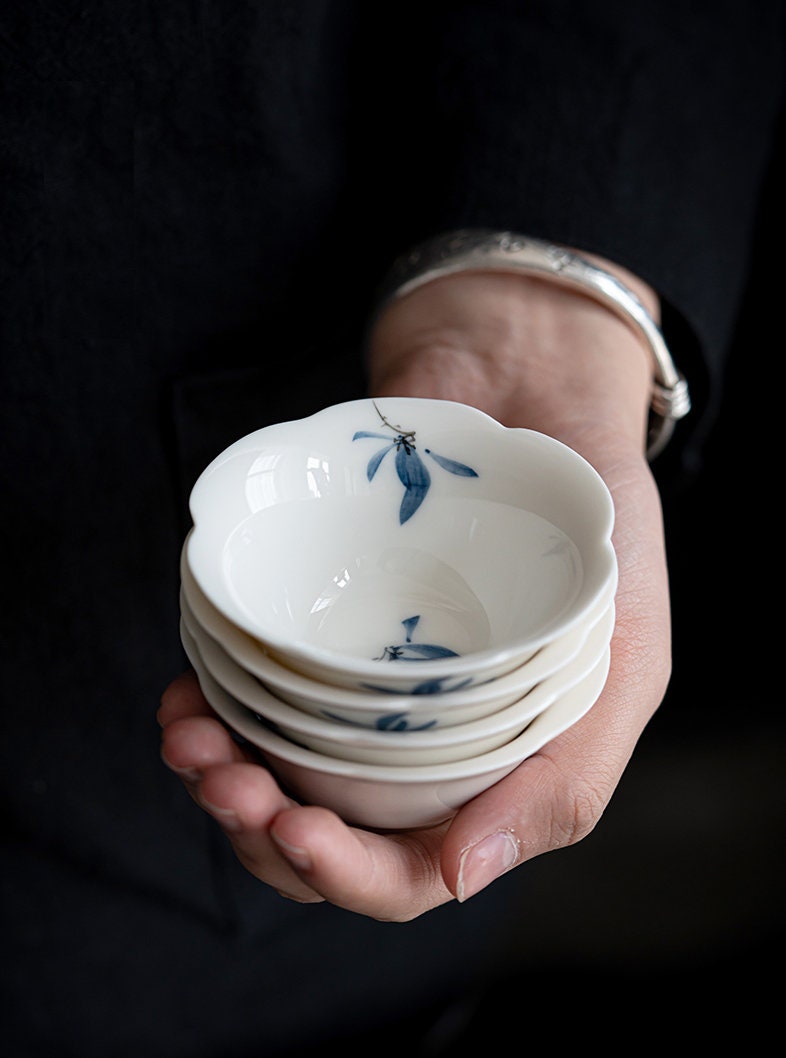 Flower Shape Kung Fu Tea Cup 55ml/1.86oz, Hand Painted Orchid White Porcelain Tea Cups for Gong Fu Tea Ceremony / Small Chinese Tea Cups