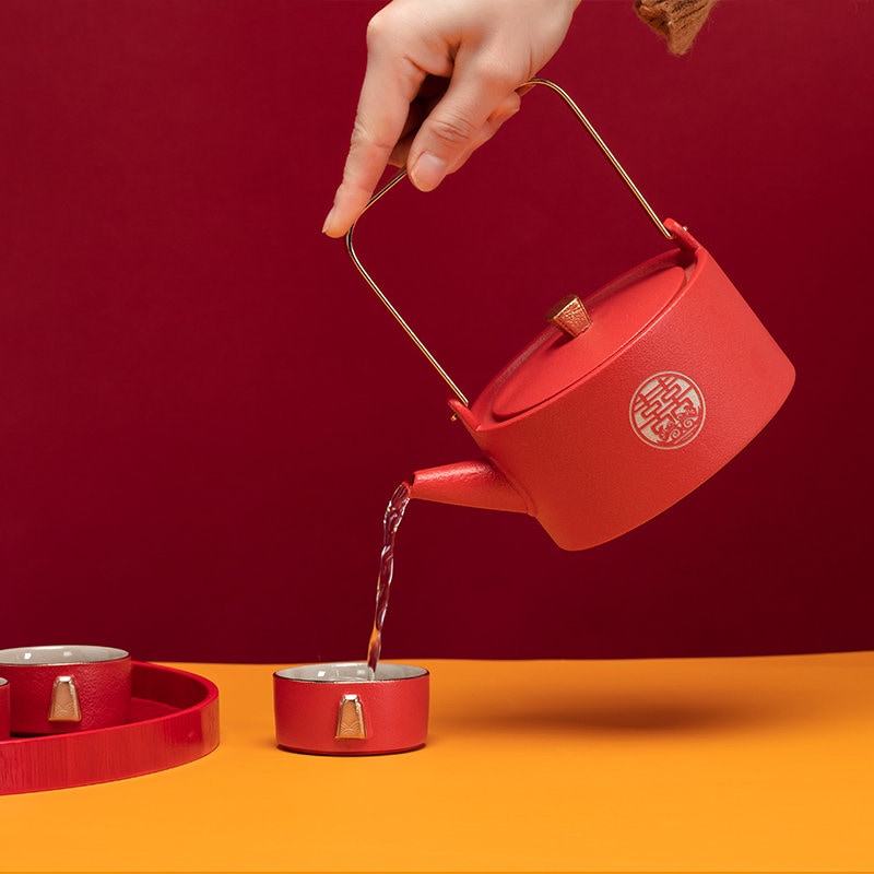 Chinese Wedding Tea Set, Double Happiness tea ceremony set, wedding tea ceremony set with Teapot, 6/10 Cups and Tea Tray, Wedding Gift