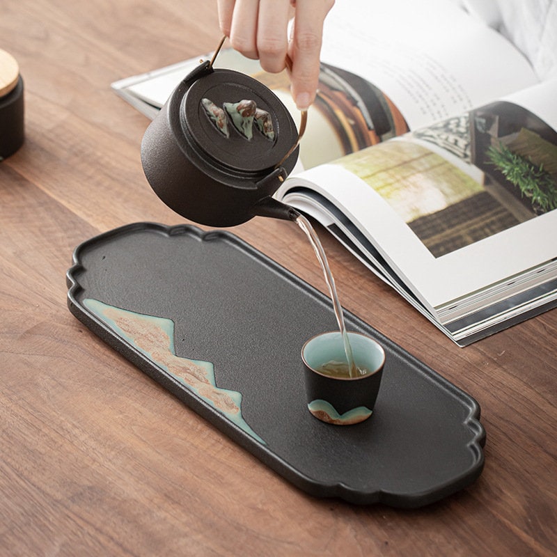 Japanese Zen Style Kung Fu Tea Set, Black Ceramic Gong Fu Tea Set, Teapot set with Teapot, Cups, Tray and Tea Jar, Gift For Tea Lovers