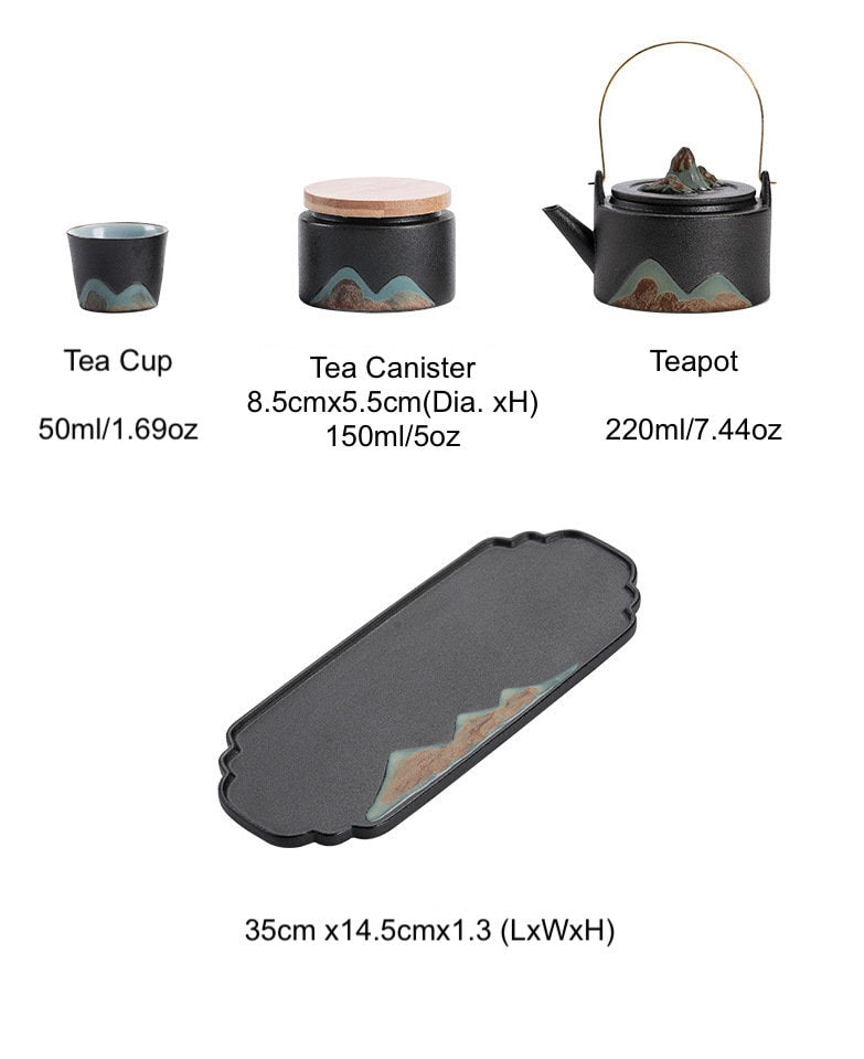 Japanese Zen Style Kung Fu Tea Set, Black Ceramic Gong Fu Tea Set, Teapot set with Teapot, Cups, Tray and Tea Jar, Gift For Tea Lovers