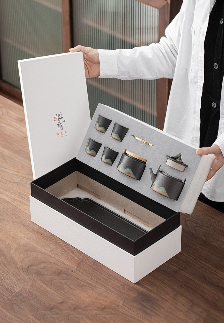 Japanese Zen Style Kung Fu Tea Set, Black Ceramic Gong Fu Tea Set, Teapot set with Teapot, Cups, Tray and Tea Jar, Gift For Tea Lovers