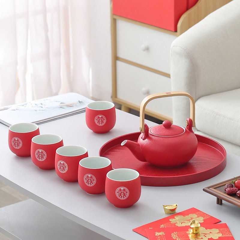 Chinese Wedding Tea Set, Double Happiness Wedding Tea Ceremony Set, Oriental Wedding Tea Set - 1 Teapot, 6 Cups and 1 Tray in Gift Box
