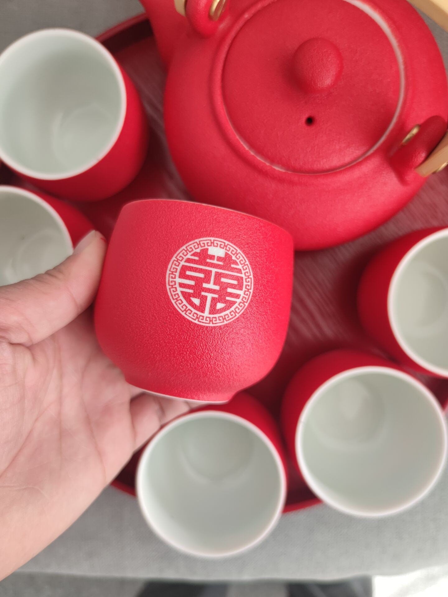 Chinese Wedding Tea Set, Double Happiness Wedding Tea Ceremony Set, Oriental Wedding Tea Set - 1 Teapot, 6 Cups and 1 Tray in Gift Box