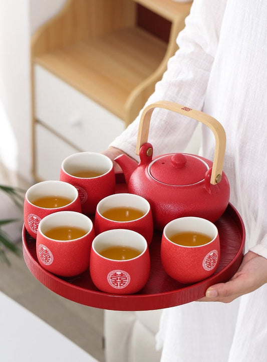 Chinese Wedding Tea Set, Double Happiness Wedding Tea Ceremony Set, Oriental Wedding Tea Set - 1 Teapot, 6 Cups and 1 Tray in Gift Box