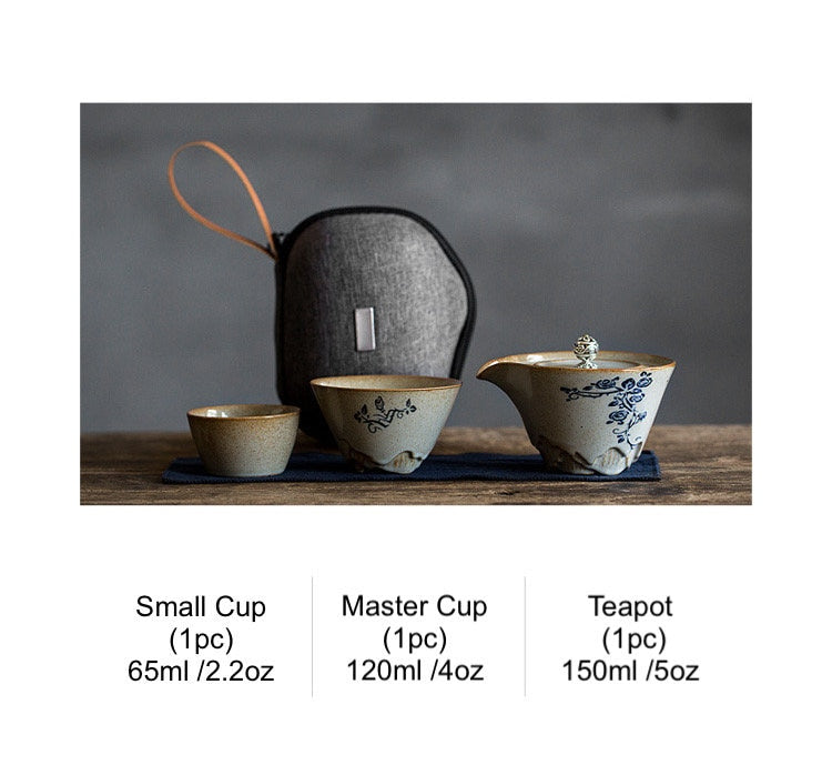 Retro Style Travel Tea Set, Wood Ash Glaze Portable Ceramic Tea Set - 1 Teapot 2 Cups, Perfect Office Tea Set, Handmade, Tea Lover Gift