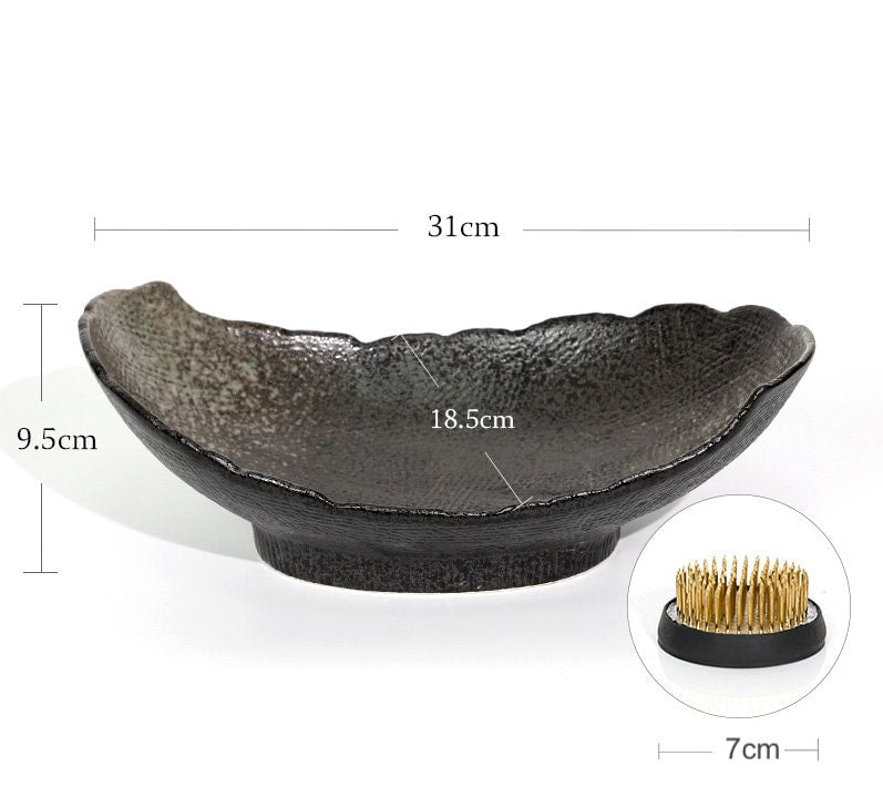 Large Ceramic Ikebana/ Willow Leaf Style Ikebana Container / Japanese Floral Arrangement Bowl / Housewarming gift, flower frog Included