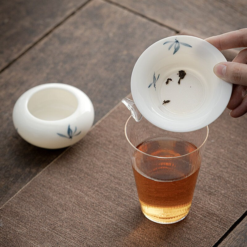 Ceramic Kungfu Tea Strainer with Hand Painted Orchid, Porcelain Kungfu Tea Strainer Set, Gongfu Tea Ceremony Accessories