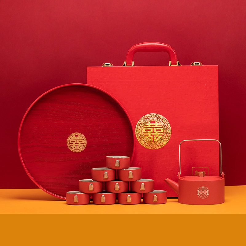 Chinese Wedding Tea Set, Double Happiness tea ceremony set, wedding tea ceremony set with Teapot, 6/10 Cups and Tea Tray, Wedding Gift