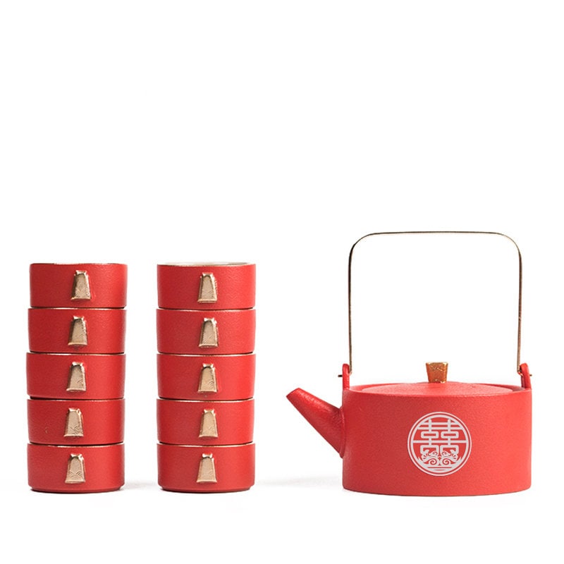 Chinese Wedding Tea Set, Double Happiness tea ceremony set, wedding tea ceremony set with Teapot, 6/10 Cups and Tea Tray, Wedding Gift