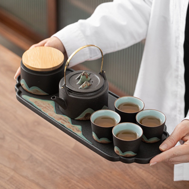 Japanese Zen Style Kung Fu Tea Set, Black Ceramic Gong Fu Tea Set, Teapot set with Teapot, Cups, Tray and Tea Jar, Gift For Tea Lovers