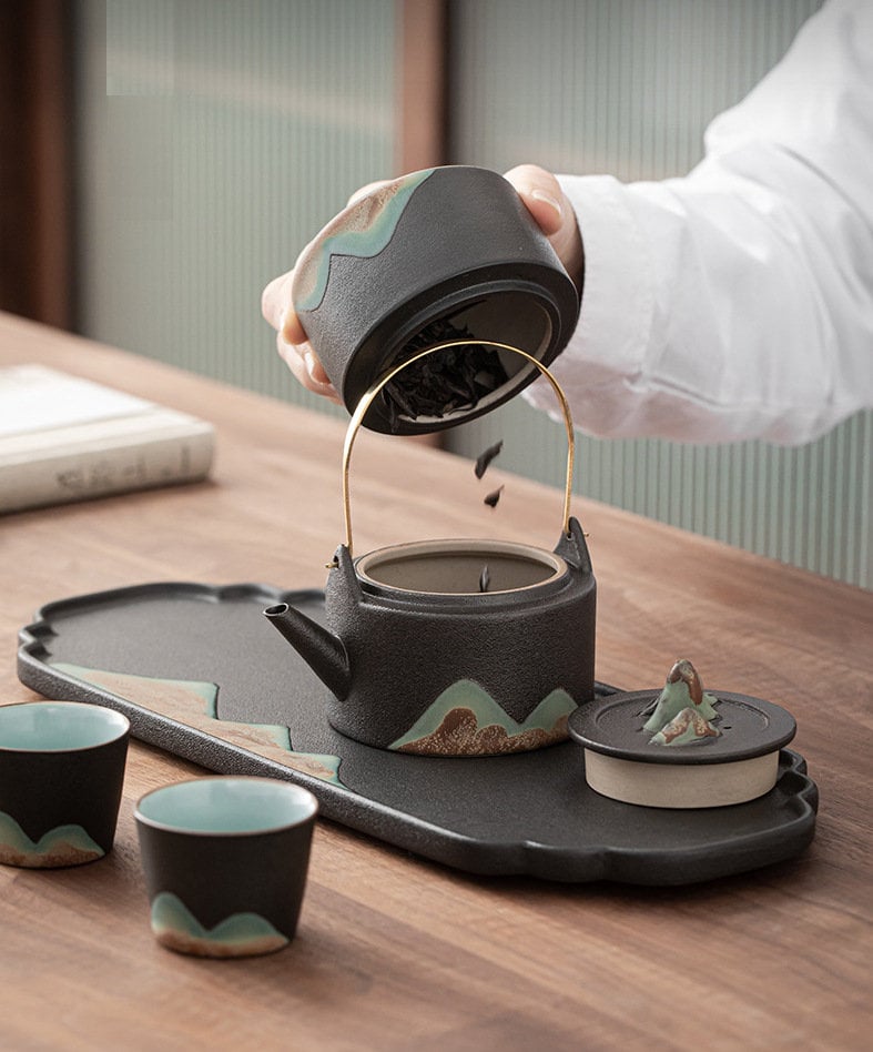 Japanese Zen Style Kung Fu Tea Set, Black Ceramic Gong Fu Tea Set, Teapot set with Teapot, Cups, Tray and Tea Jar, Gift For Tea Lovers