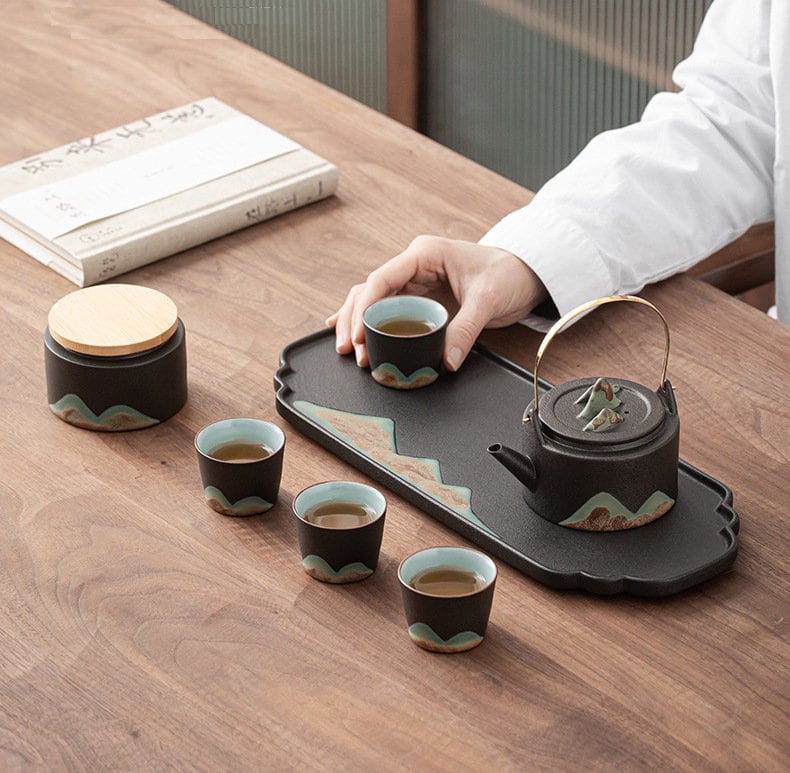 Japanese Zen Style Kung Fu Tea Set, Black Ceramic Gong Fu Tea Set, Teapot set with Teapot, Cups, Tray and Tea Jar, Gift For Tea Lovers