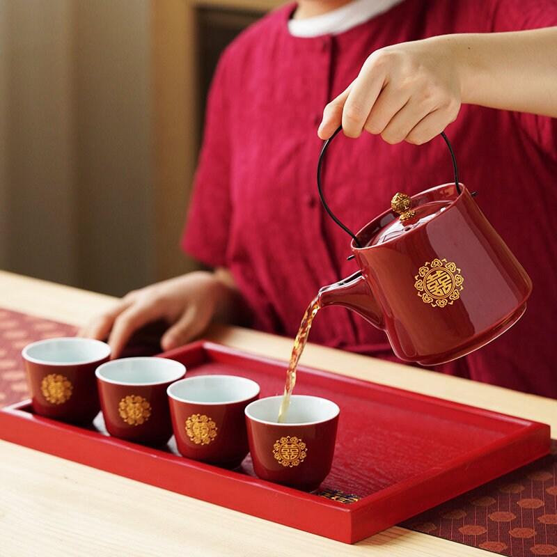 Double Happiness Wedding Tea Set, Chinese Wedding Tea Ceremony Set, Red Ceramic Tea Set with 1 Teapot, 6 Cups and 1 Tray, Wedding Tea Cups