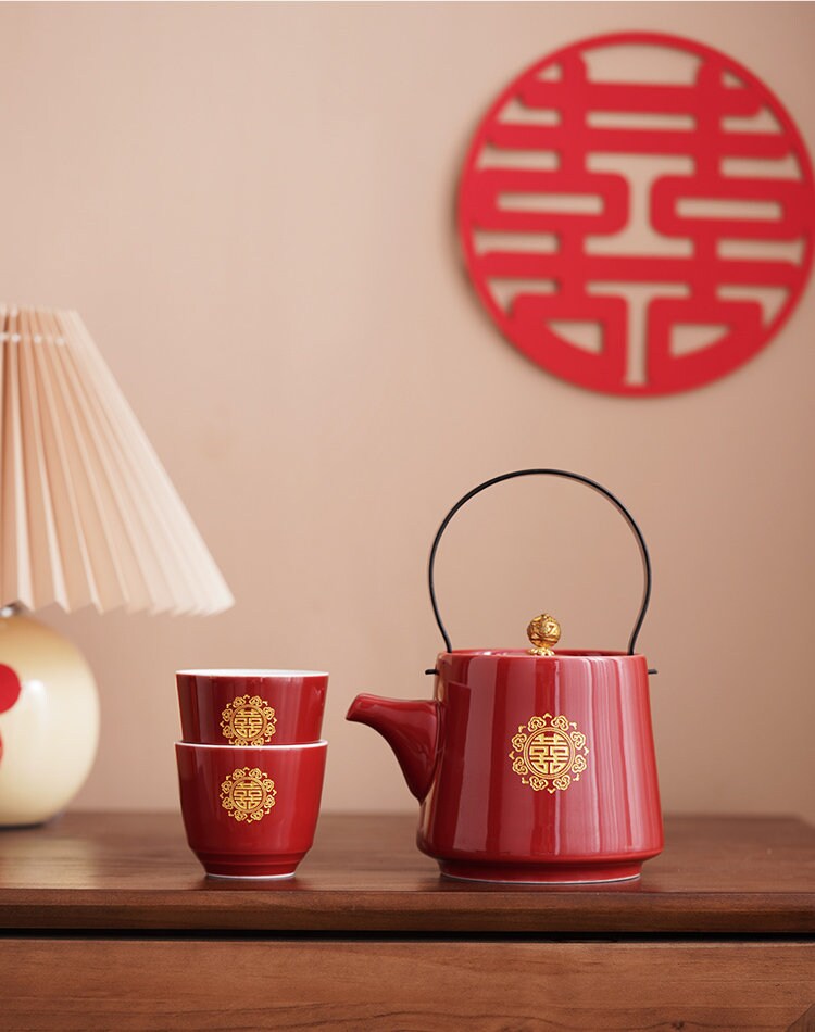Double Happiness Wedding Tea Set, Chinese Wedding Tea Ceremony Set, Red Ceramic Tea Set with 1 Teapot, 6 Cups and 1 Tray, Wedding Tea Cups