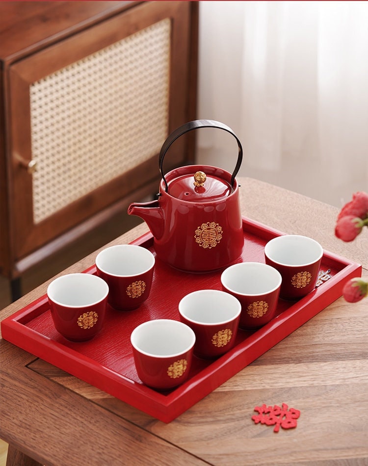 Double Happiness Wedding Tea Set, Chinese Wedding Tea Ceremony Set, Red Ceramic Tea Set with 1 Teapot, 6 Cups and 1 Tray, Wedding Tea Cups