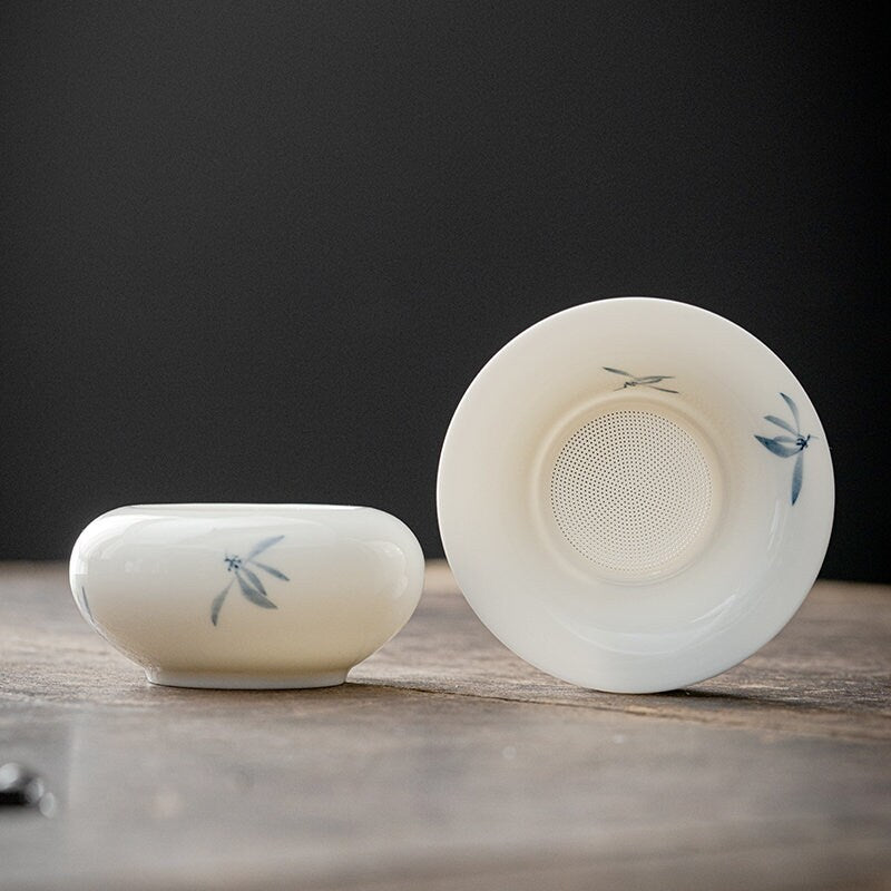Ceramic Kungfu Tea Strainer with Hand Painted Orchid, Porcelain Kungfu Tea Strainer Set, Gongfu Tea Ceremony Accessories