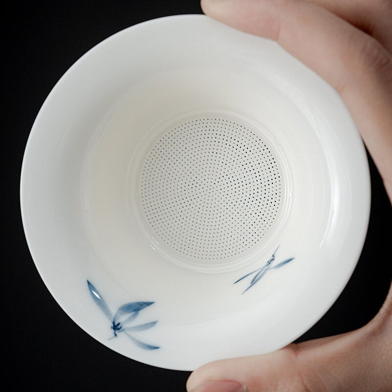 Ceramic Kungfu Tea Strainer with Hand Painted Orchid, Porcelain Kungfu Tea Strainer Set, Gongfu Tea Ceremony Accessories