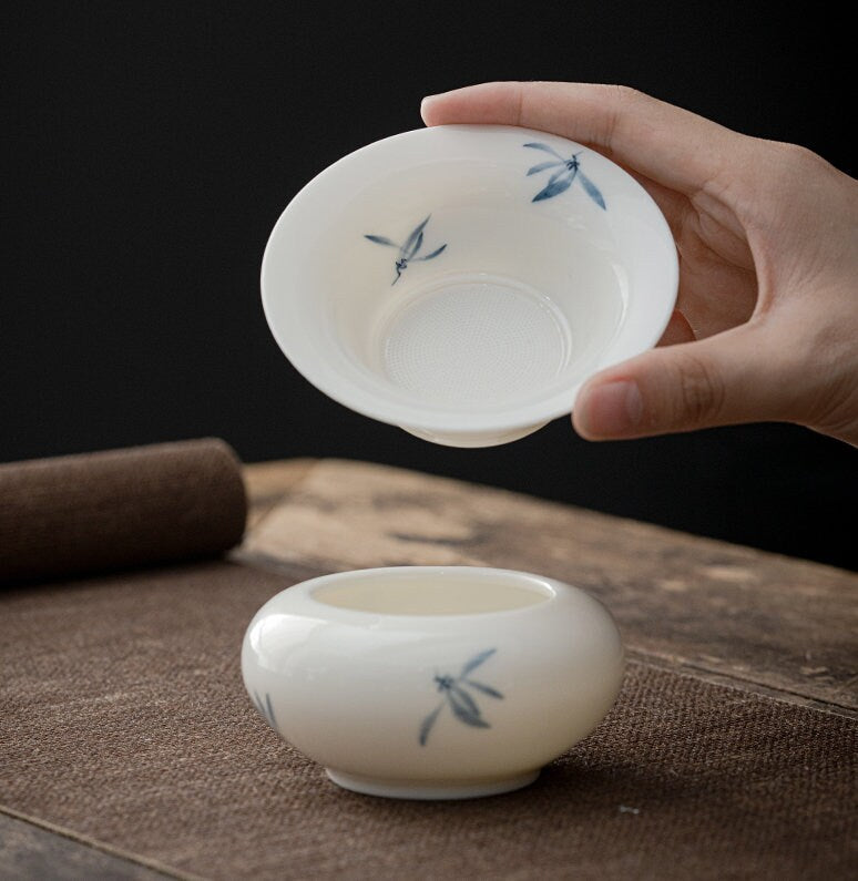 Ceramic Kungfu Tea Strainer with Hand Painted Orchid, Porcelain Kungfu Tea Strainer Set, Gongfu Tea Ceremony Accessories