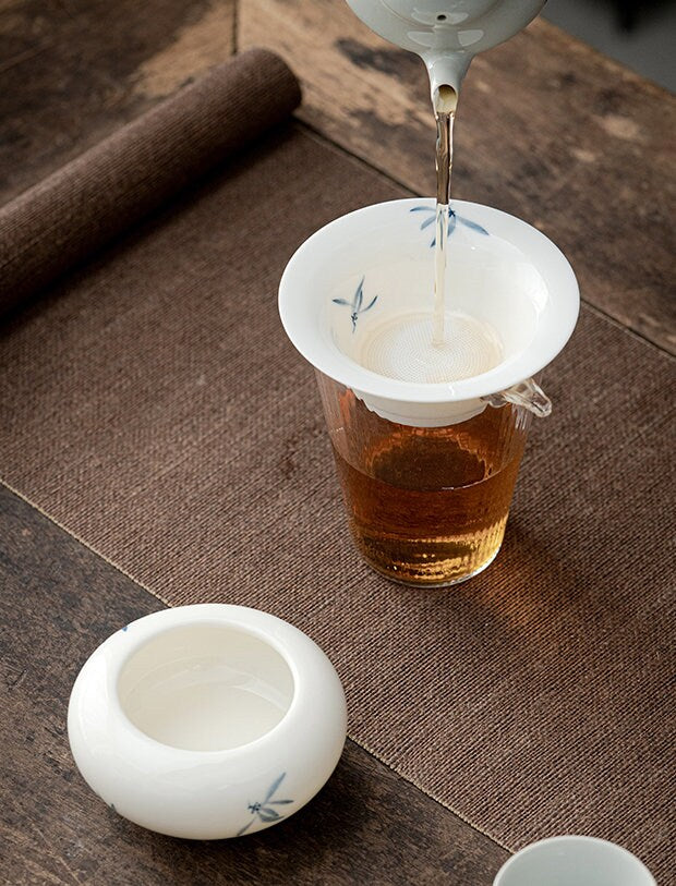 Ceramic Kungfu Tea Strainer with Hand Painted Orchid, Porcelain Kungfu Tea Strainer Set, Gongfu Tea Ceremony Accessories
