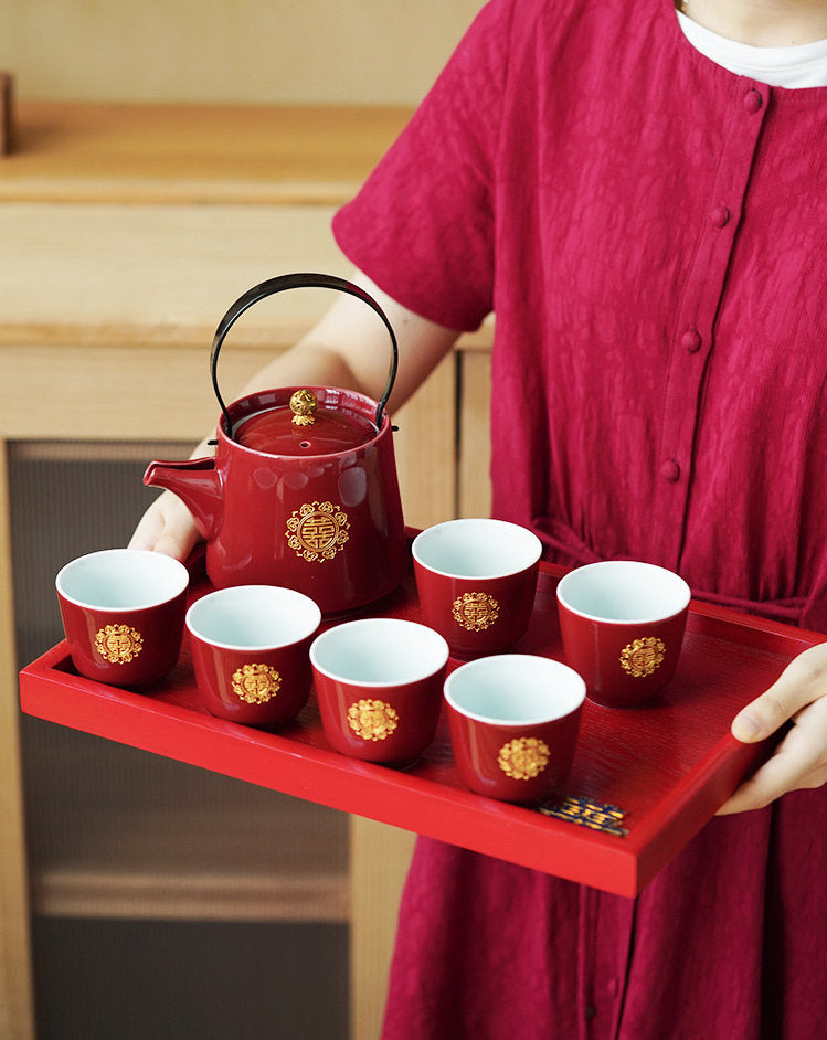 Double Happiness Wedding Tea Set, Chinese Wedding Tea Ceremony Set, Red Ceramic Tea Set with 1 Teapot, 6 Cups and 1 Tray, Wedding Tea Cups