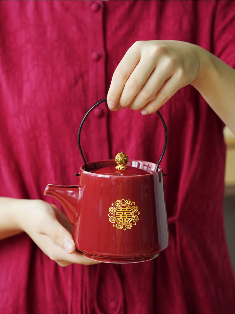Double Happiness Wedding Tea Set, Chinese Wedding Tea Ceremony Set, Red Ceramic Tea Set with 1 Teapot, 6 Cups and 1 Tray, Wedding Tea Cups