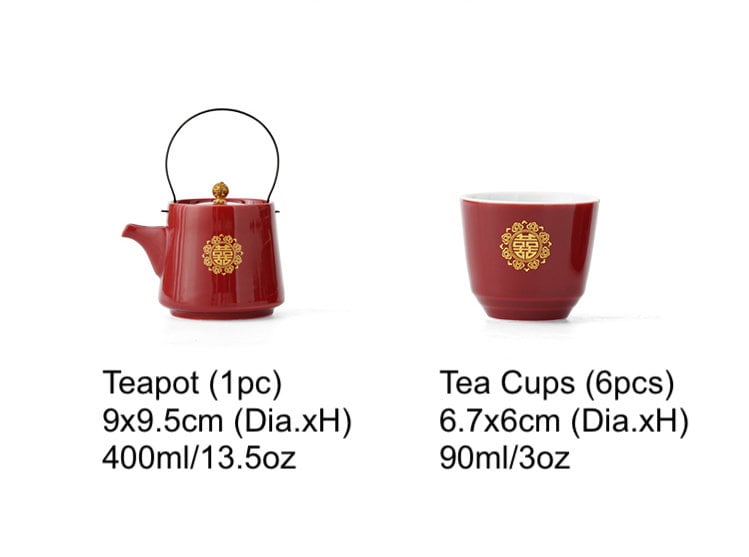 Double Happiness Wedding Tea Set, Chinese Wedding Tea Ceremony Set, Red Ceramic Tea Set with 1 Teapot, 6 Cups and 1 Tray, Wedding Tea Cups