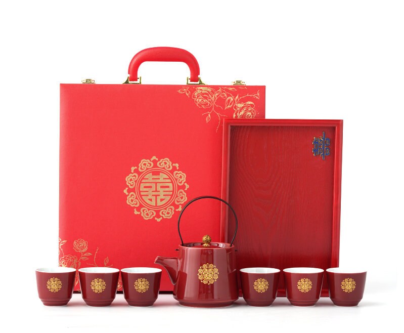 Double Happiness Wedding Tea Set, Chinese Wedding Tea Ceremony Set, Red Ceramic Tea Set with 1 Teapot, 6 Cups and 1 Tray, Wedding Tea Cups