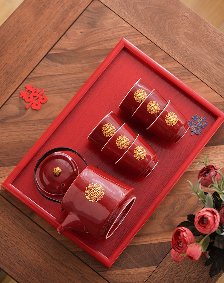 Double Happiness Wedding Tea Set, Chinese Wedding Tea Ceremony Set, Red Ceramic Tea Set with 1 Teapot, 6 Cups and 1 Tray, Wedding Tea Cups