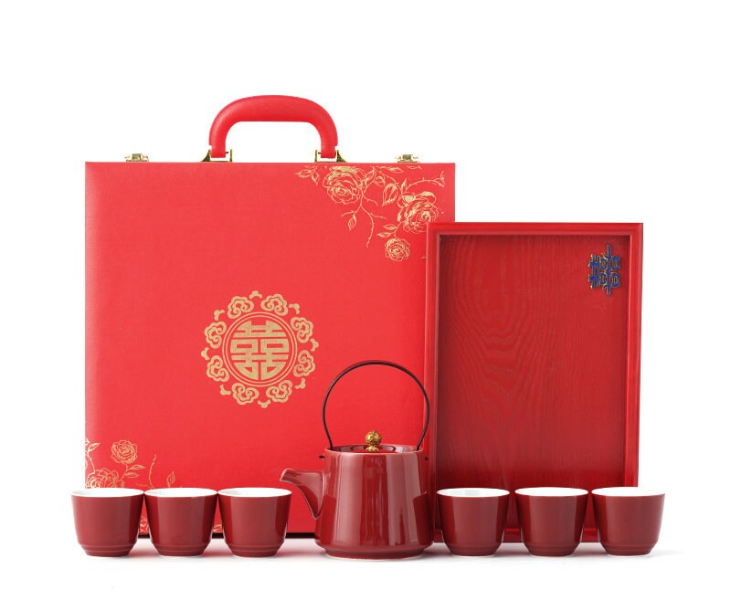 Double Happiness Wedding Tea Set, Chinese Wedding Tea Ceremony Set, Red Ceramic Tea Set with 1 Teapot, 6 Cups and 1 Tray, Wedding Tea Cups