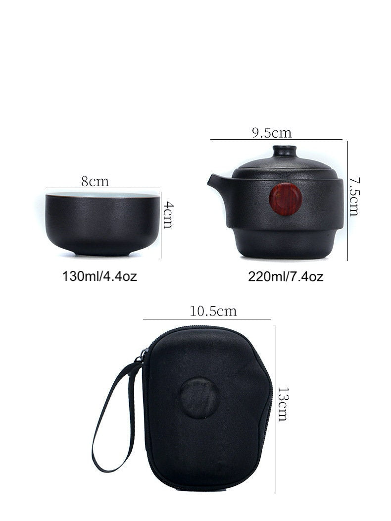 Black Pottery Travel Tea Set | Portable Office Tea Set - 1 Teapot and 2 Cups In Travel Case | 4 Colors, Handmade | Gift to Tea Lovers