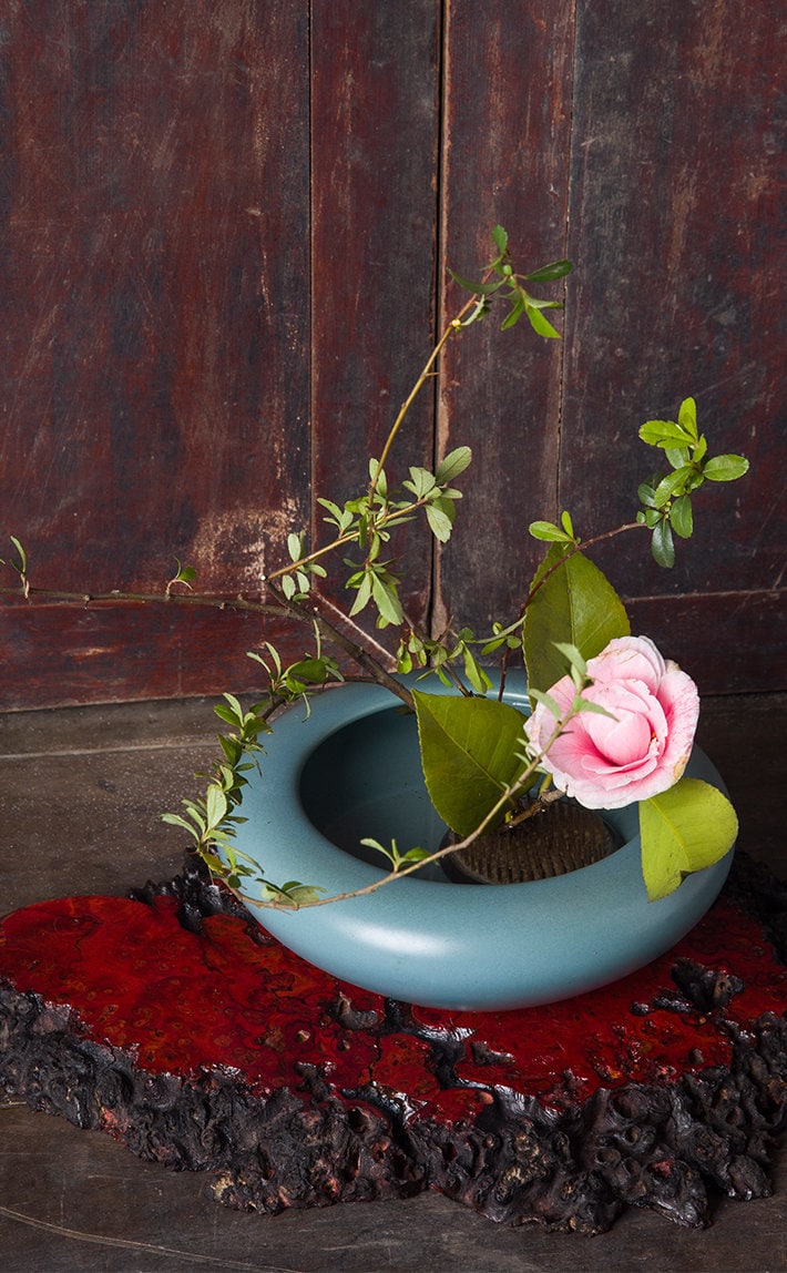 Turquoise Ikebana Vase - Round Bowl / Handmade Ikebana Container / Ikebana Bowl / Japanese Floral Arrangement / Chado Tea Table Decor