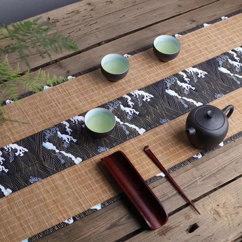 Oriental Style Bamboo Tea Table Runner, 100% Natural Bamboo Table Mat, Kungfu Tea Accessories, 3 Design Multiple Lengths