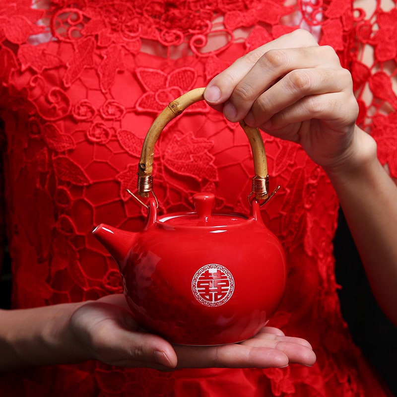 Chinese Wedding Tea Ceremony Set, Double Happiness Tea Set, Oriental Wedding Tea Set - 1 Teapot, 6 Cups and 1 Tray in Gift Box