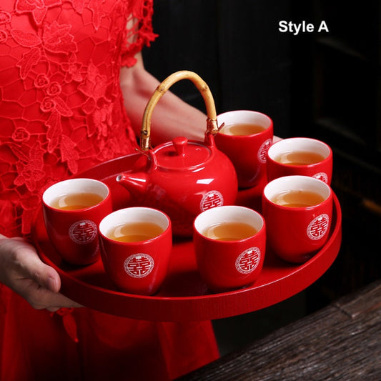 Chinese Wedding Tea Ceremony Set, Double Happiness Tea Set, Oriental Wedding Tea Set - 1 Teapot, 6 Cups and 1 Tray in Gift Box