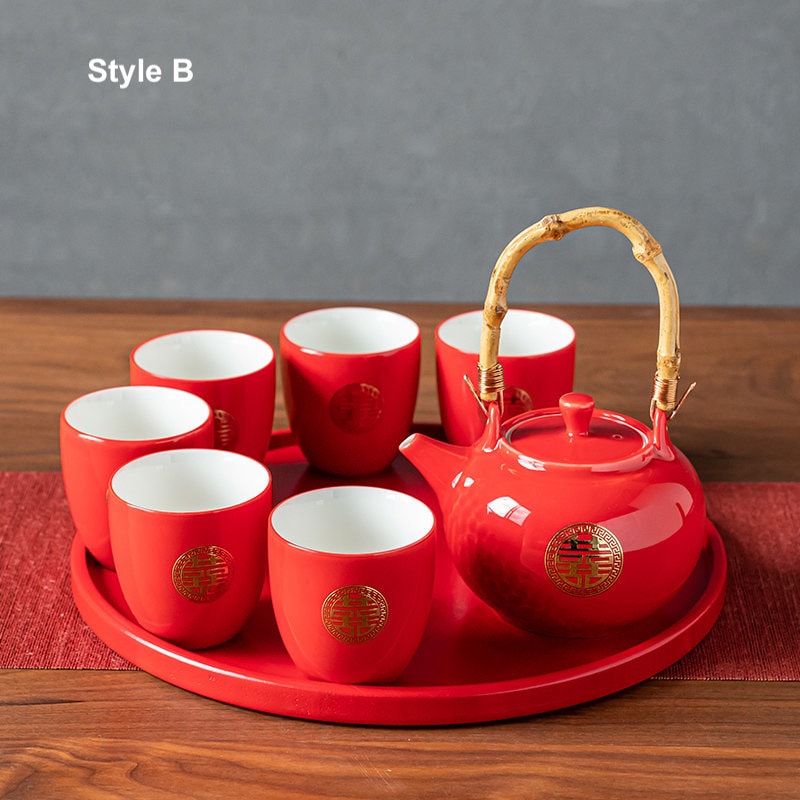 Chinese Wedding Tea Ceremony Set, Double Happiness Tea Set, Oriental Wedding Tea Set - 1 Teapot, 6 Cups and 1 Tray in Gift Box