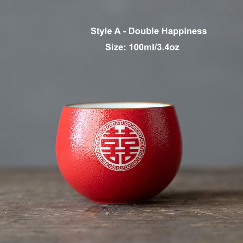 Oriental Wedding Tea Ceremony Cup, Double Happiness Wedding Tea Set, Red Ceramic Tea Cup, Red Cup Set in Gift Box