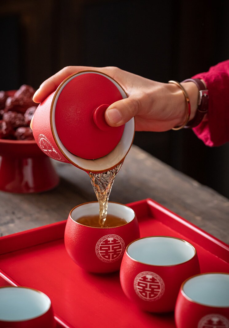 Oriental Wedding Tea Ceremony Cup, Double Happiness Wedding Tea Set, Red Ceramic Tea Cup, Red Cup Set in Gift Box