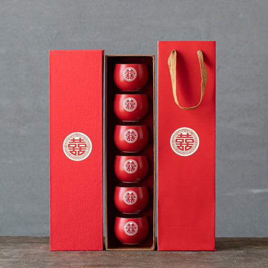 Oriental Wedding Tea Ceremony Cup, Double Happiness Wedding Tea Set, Red Ceramic Tea Cup, Red Cup Set in Gift Box