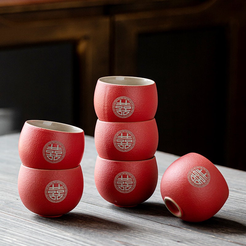 Engraved 'Double Happiness' Wedding Tea Cups, Oriental Wedding Tea Ceremony Cup Set, Chinese Red Tea Cup, Ceramic Red Cup Set in Gift Box