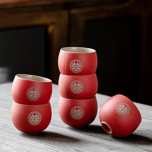 Engraved 'Double Happiness' Wedding Tea Cups, Oriental Wedding Tea Ceremony Cup Set, Chinese Red Tea Cup, Ceramic Red Cup Set in Gift Box