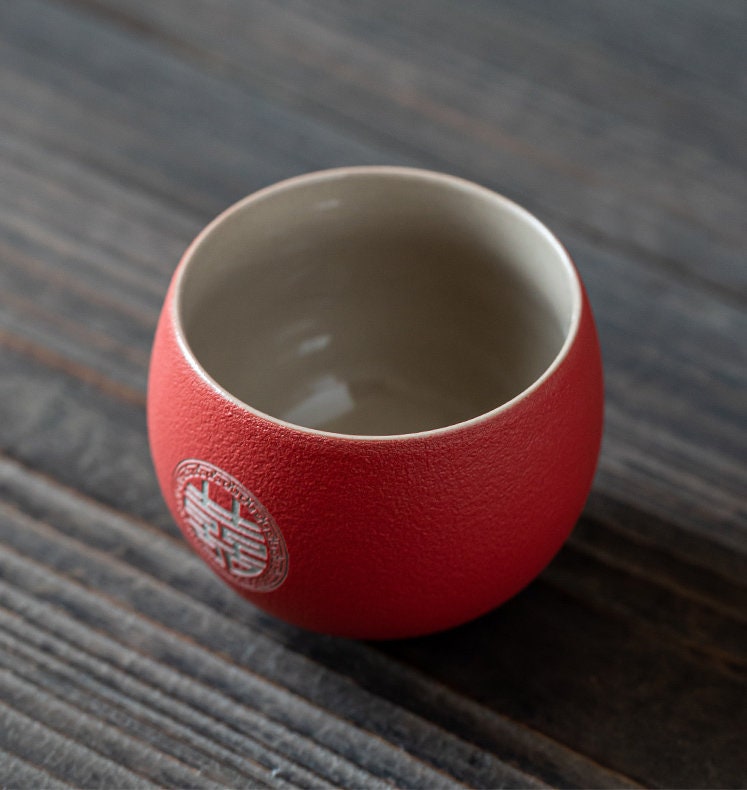 Engraved 'Double Happiness' Wedding Tea Cups, Oriental Wedding Tea Ceremony Cup Set, Chinese Red Tea Cup, Ceramic Red Cup Set in Gift Box