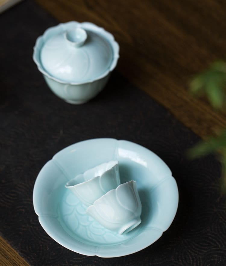 Handmade Sunflower Shape Gaiwan Set, Jingdezhen Porcelain Gaiwan Set - 1 Gaiwan + 2 Cups, Thin Walled Gaiwan, Gift to Tea Lovers