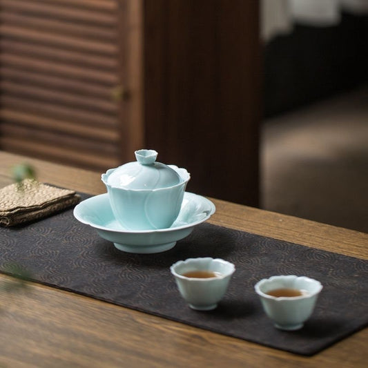 Handmade Sunflower Shape Gaiwan Set, Jingdezhen Porcelain Gaiwan Set - 1 Gaiwan + 2 Cups, Thin Walled Gaiwan, Gift to Tea Lovers