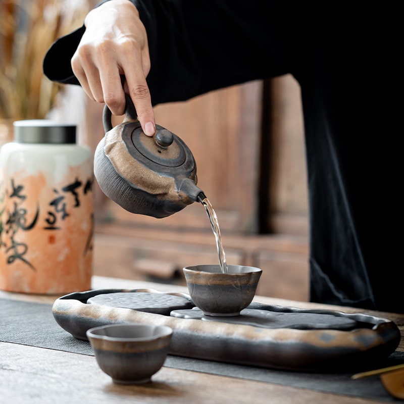 Lotus Pond Theme Chinese Gongfu Tea Set /Handmade Kung Fu Tea Set with Teapot, Cups & Tea Tray /Retro Style Tea Set / Unique Tea Set Gift