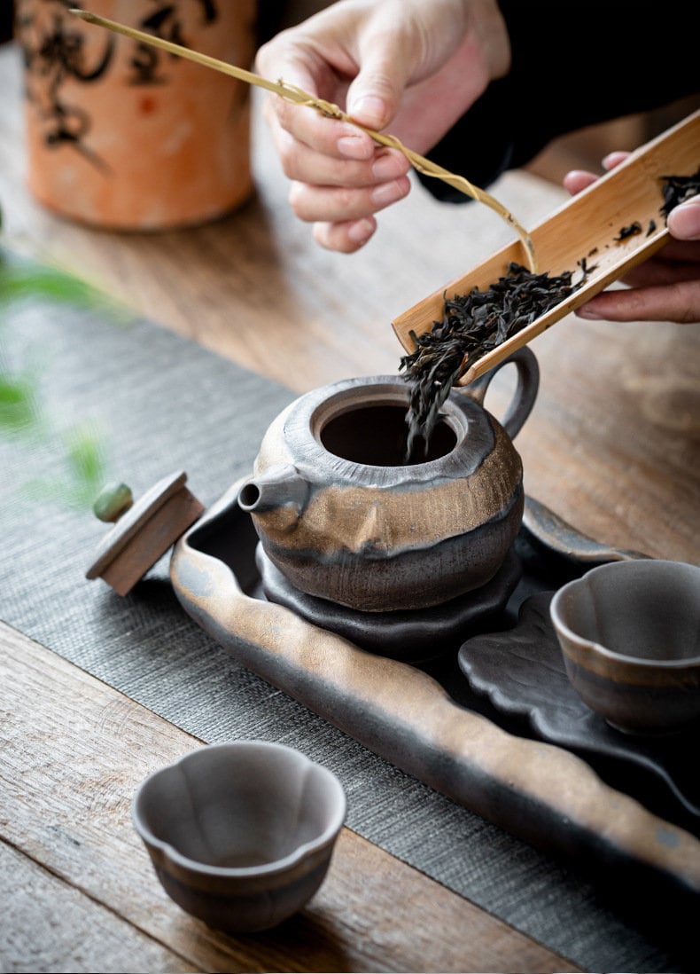 Lotus Pond Theme Chinese Gongfu Tea Set /Handmade Kung Fu Tea Set with Teapot, Cups & Tea Tray /Retro Style Tea Set / Unique Tea Set Gift