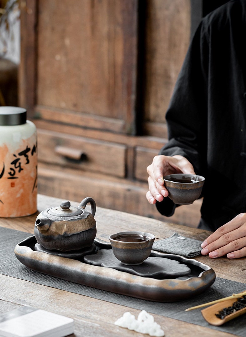 Lotus Pond Theme Chinese Gongfu Tea Set /Handmade Kung Fu Tea Set with Teapot, Cups & Tea Tray /Retro Style Tea Set / Unique Tea Set Gift
